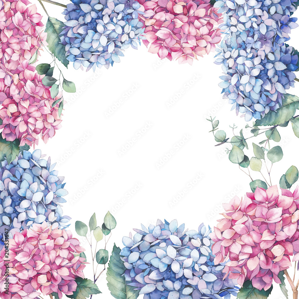 Watercolor pink and blue hydrangea frame. Hand painted botanical ...