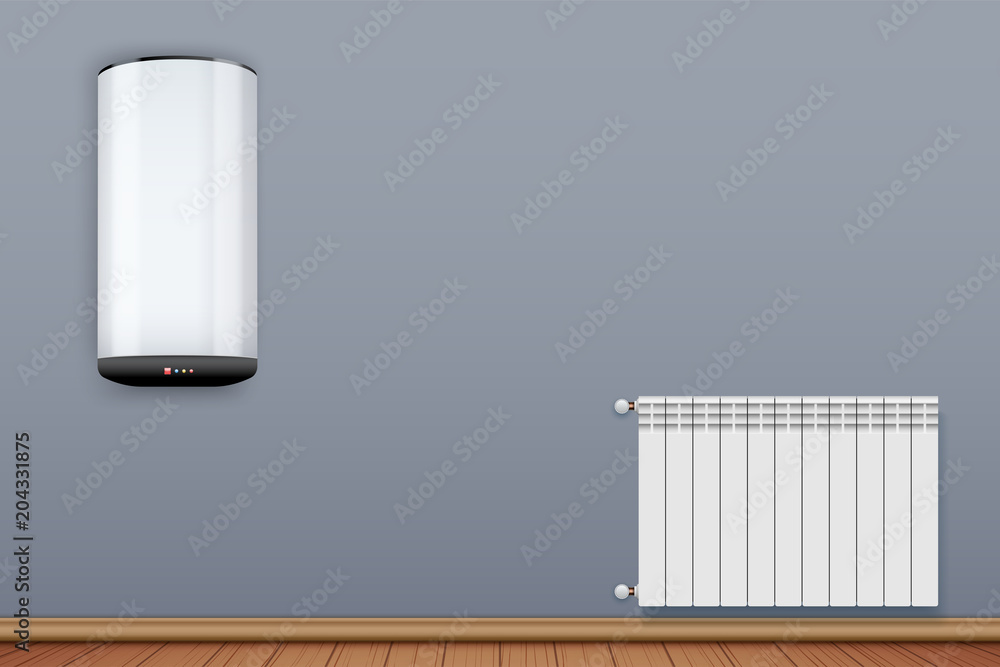 Water heater Boiler on wall and Metal Heating radiator in room. Home