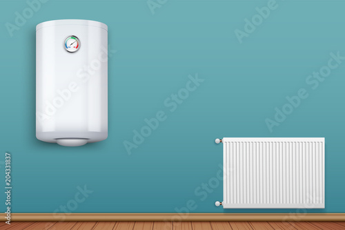 Water heater Boiler on wall and Metal Heating radiator in room. Home appliances for comfort. Modern Central heating system equipment. Water and steam model for wall. Vector Illustration