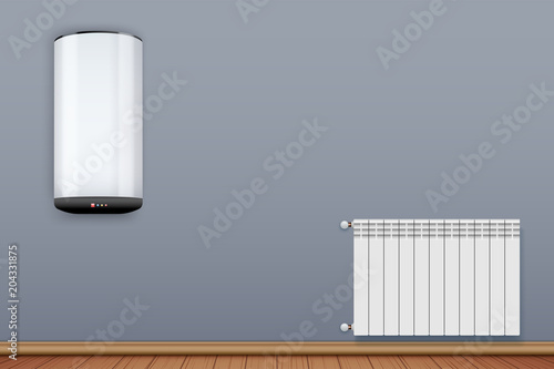 Water heater Boiler on wall and Metal Heating radiator in room. Home appliances for comfort. Modern Central heating system equipment. Water and steam model for wall. Vector Illustration