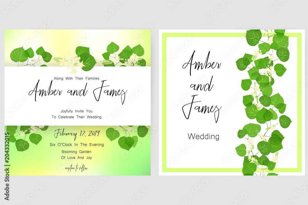 Save the date card, wedding invitation, greeting card with beautiful flowers, green leaves of linden