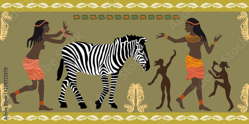 Panoramic scene inspired by Ancient Egypt art.