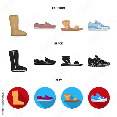 Beige ugg boots with fur, brown loafers with a white sole, sandals with a fastener, white and blue sneakers. Shoes set collection icons in cartoon,black,flat style vector symbol stock illustration web