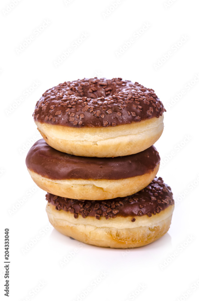stack of three chocolate donuts stack of three chocolate donuts