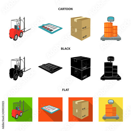 Forklift, delivery slips, packaged goods, cargo on weighing scales. Logistics and delivery set collection icons in cartoon,black,flat style isometric vector symbol stock illustration web.