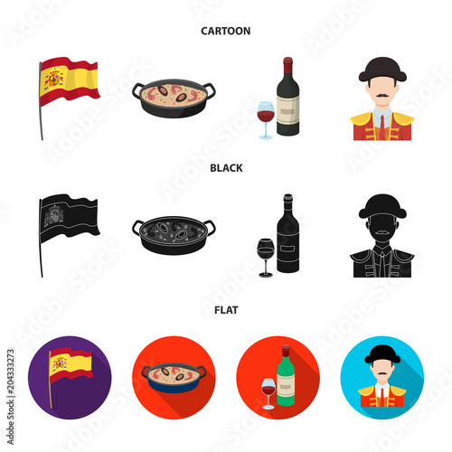 Flag with the coat of arms of Spain, a national dish with rice and tomatoes, a bottle of wine with a glass, a bullfighter, a matador. Spain country set collection icons in cartoon,black,flat style