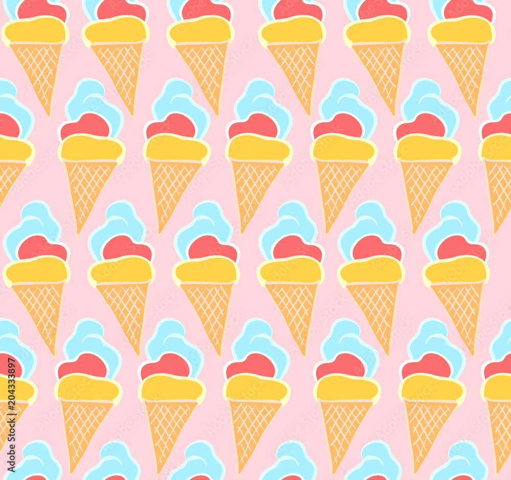 Seamless pattern with bright hand drawn ice creams in cones on tender pink background for girl textile, wrapping paper, summer surface design, package