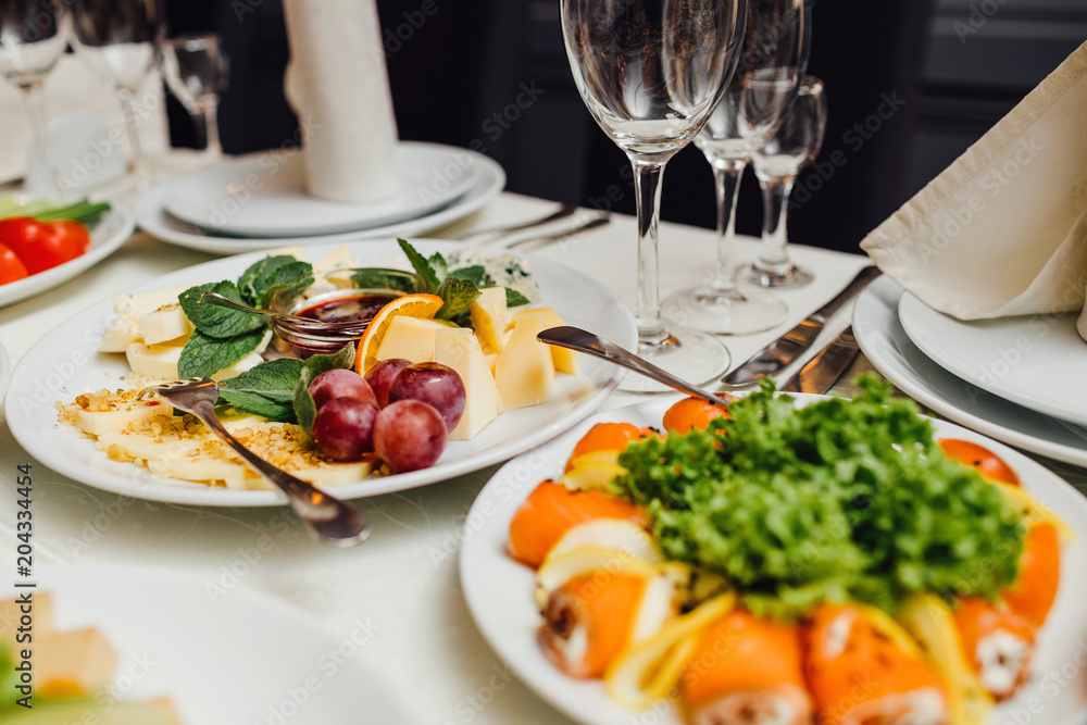 Served dishes to the table for holiday.