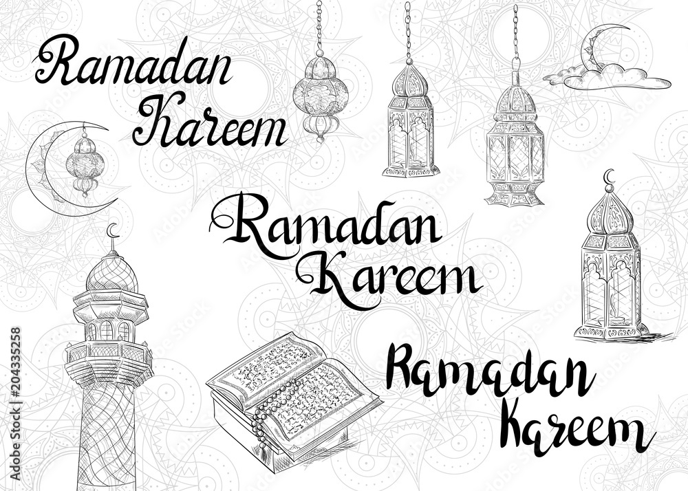 Ramadan Kareem. Set of isolated illustration and inscriptions. Festive lights, Koran, moon and mosque.