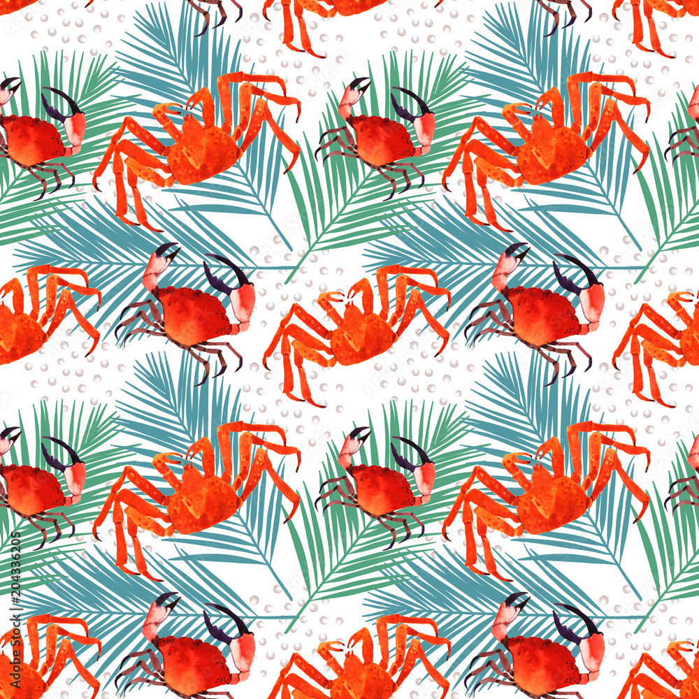 Fototapeta premium crab watercolor seamless pattern illustration, marine texture,pattern with palm leaf. tropical background