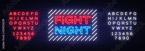Fight night neon signboard. Bright night advertising, light banner, design neon sign template. Vector illustration. Editing text neon sign