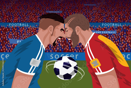 Two angry football opponents leaning their foreheads in stadium. Battle of screaming soccer players in championship. Realistic style