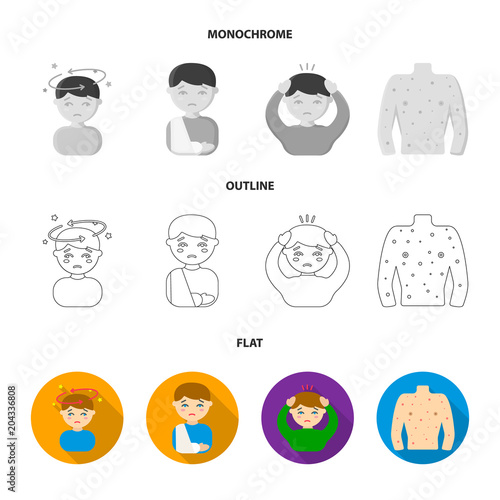 A man with a bandaged head, a man coughing, a man snorts a snot, a bowl, a bowl of hot broth into a handkerchief. Sick set collection icons in flat,outline,monochrome style vector symbol stock