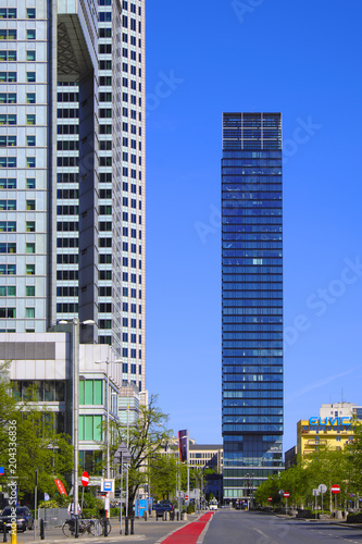 Warsaw, Poland - Panoramic view of modern skyscrapers in Warsaw city center at Emilii Plater street