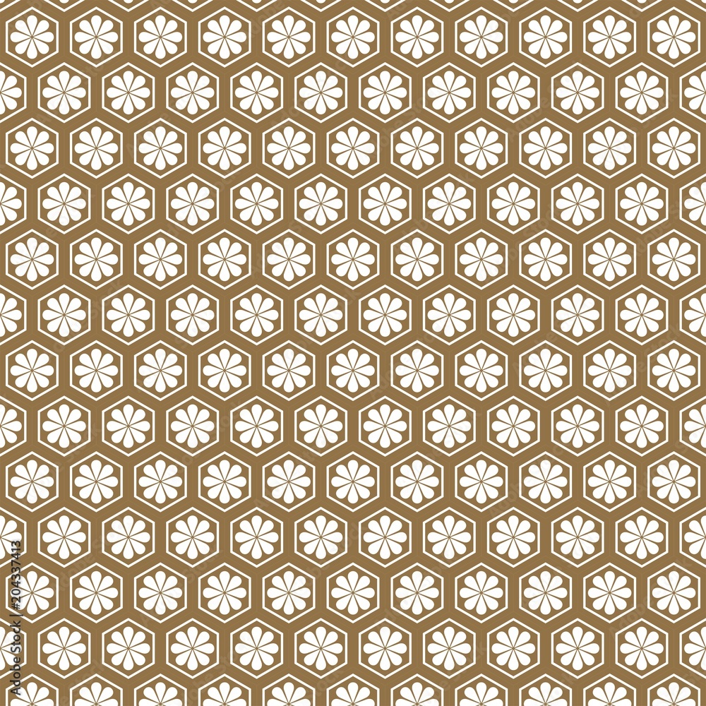 Japanese floral and geometric pattern. Flat vector cartoon illustration. Objects isolated on white background.
