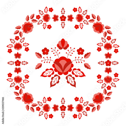 Fototapeta Naklejka Na Ścianę i Meble -  Polish folk pattern vector. Floral ethnic ornament. Slavic eastern european print. Red flower frame design for rustic wedding card, craft napkins, tablecloth, pillow case, fashion embroidery scarf.