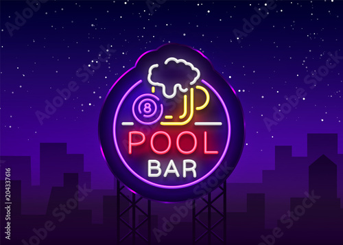 Pool bar logo in neon style. Neon sign design template for Billiard bar, club, beer and billiard light banner, night neon advertisement, design element, bright flyer. Vector illustration. Billboard