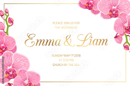 Wedding marriage event invitation card template. Horizontal landscape orientation rectangular border frame corners decorated with blooming bright pink purple orchid phalaenopsis flowers.