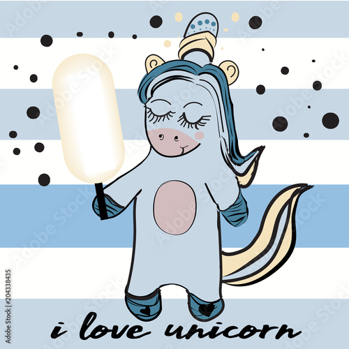 Vector ccomposition with unicorn and ice cream, . Cartoon style cute character photo