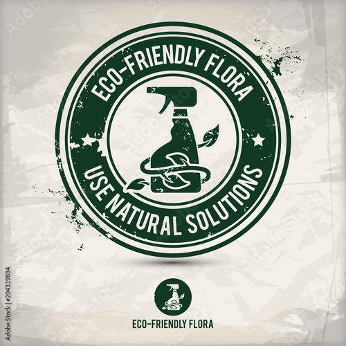 alternative eco flora stamp containing: two environmentally sound spraying motifs in circle frames, grunge ink rubber stamp effect, textured carton paper background, eps10 vector illustration