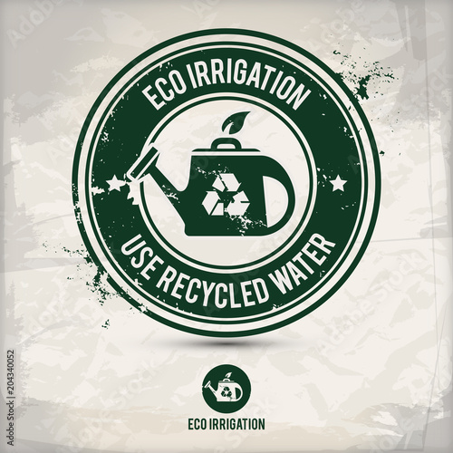 alternative watering can stamp containing: two environmentally sound eco motifs in circle frames, grunge ink rubber stamp effect, textured carton paper background, eps10 vector illustration