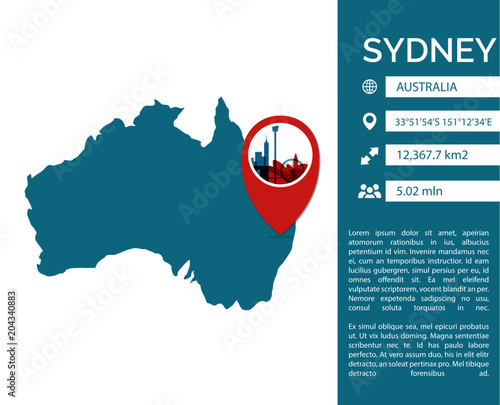 Sydney map shape vector infographics template. Modern  Australia city data statistic isolated illustration