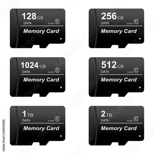 Set of black standard digital sd memory cards of different sizes on a white background. Collection media card for digital data 