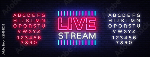 Neon sign live stream design element. Light banner, neon signboard for news and TV shows, as well as live broadcasts. Vector illustration. Editing text neon sign