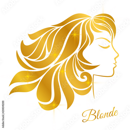 Profile of a blonde girl with golden hair and shine isolated on a white background.