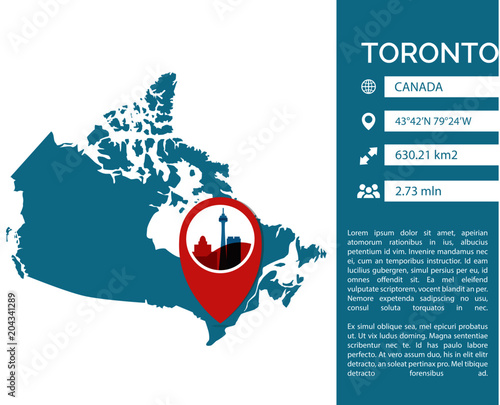 Toronto pin point map shape vector infographic template. Modern Canada Ontario province city data statistic isolated illustration layout