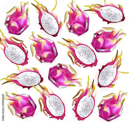 Dragon fruit pattern Vector. Delicious exotic tropical fruits detailed illust...