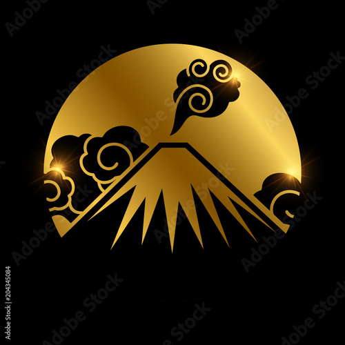 Volcano with clouds black icon. Vector eruption illustration