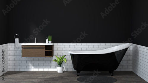 dark color interior bathroom  toilet shower modern home design 3D Illustration for copy space background white tile bathroom