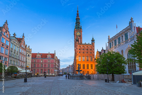 Architecture of the old town in Gdansk with city hall at dawn, Poland.