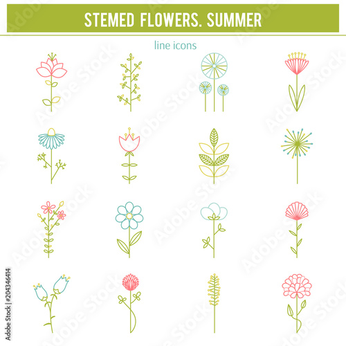 Set of stem flower line icons