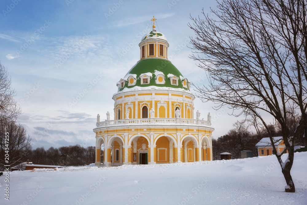 Baroque style church of the Nativity of the Virgin in Podmoklovo (XVIII century) in winter day, Moscow region, Russia