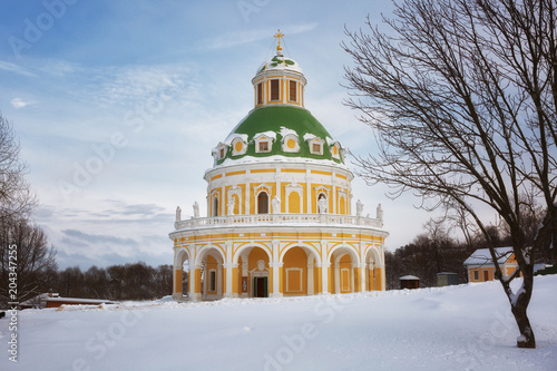 Baroque style church of the Nativity of the Virgin in Podmoklovo (XVIII century) in winter day, Moscow region, Russia