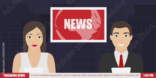 News Anchor on TV Breaking News background. vector illustration in flat design.