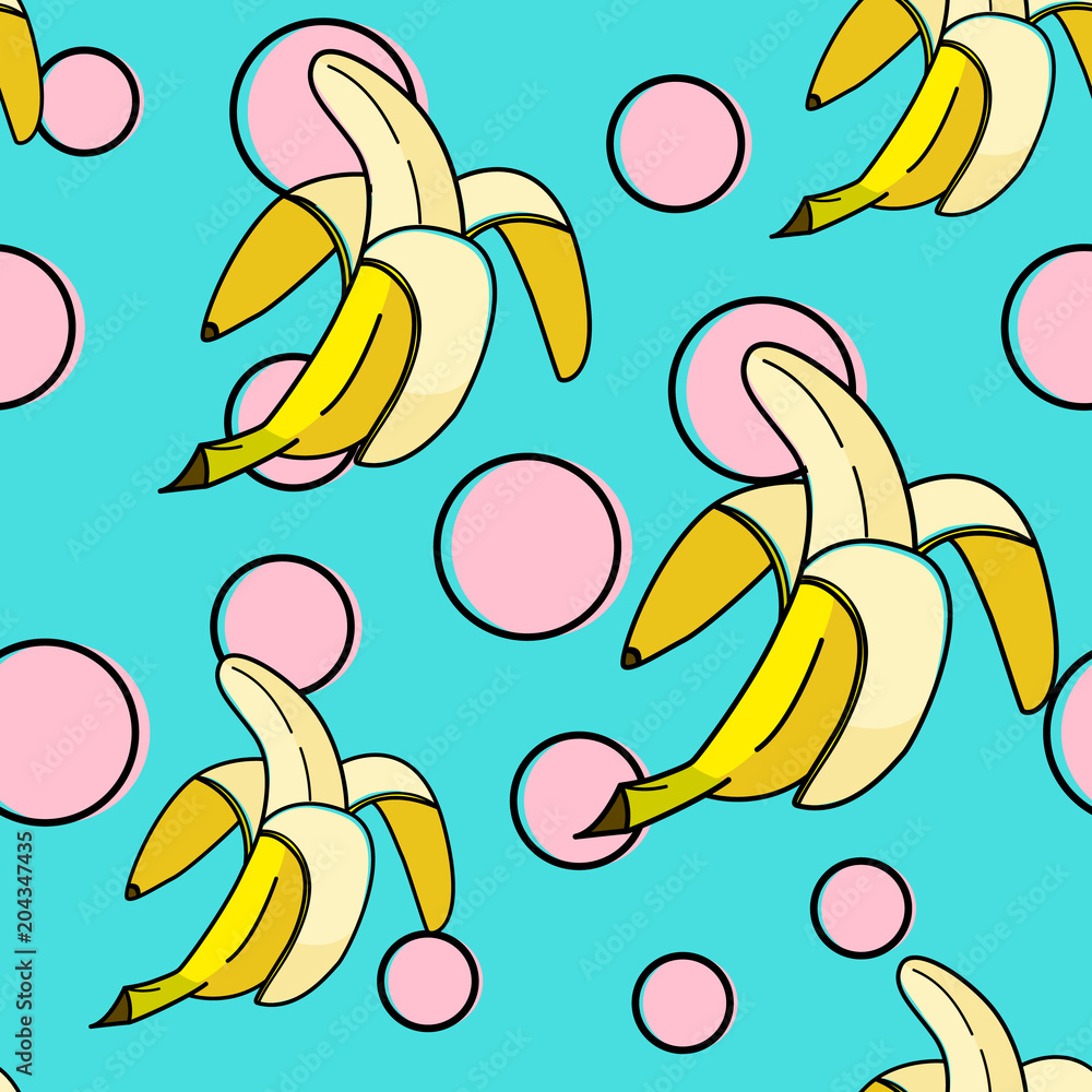 Fototapeta premium Banana background with pop art dots in 80s, 90s style. Summer tropical seamless pattern. Fruit banner with banana background for fabric, textile, cloth, wrapping, home decor. Trendy template.
