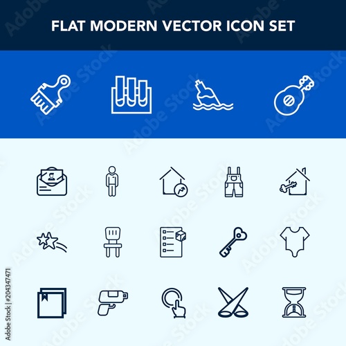 Modern, simple vector icon set with comfortable, house, property, male, interior, musical, liquid, uniform, sign, clothing, boy, man, bottle, post, cargo, laboratory, envelope, home, increase icons