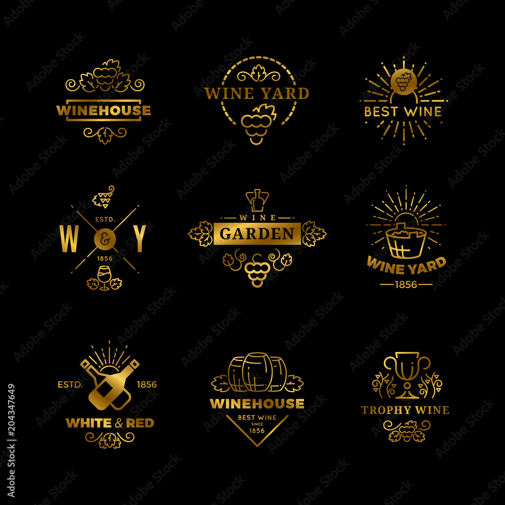 Vector wine logos and emblems isolated on black background