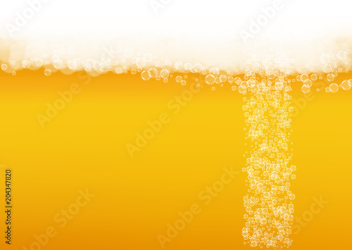 Beer bubbles background with realistic white foam.  Cool liquid drink for pub and bar menu design, banners and flyers.  Yellow horizontal beer bubbles backdrop. Cold pint of golden lager or ale.