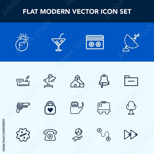 Modern, simple vector icon set with gun, transport, kitchen, file, dish, style, music, antenna, communication, interior, leather, temperature, scale, bell, water, storage, object, folder, tape icons