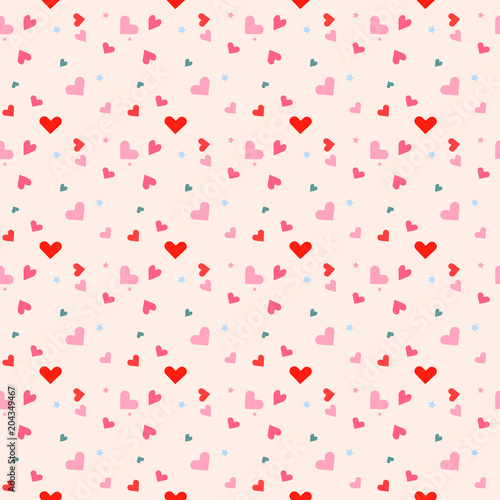 Seamless pattern with colorful hearts and light pink background. Vector illustration