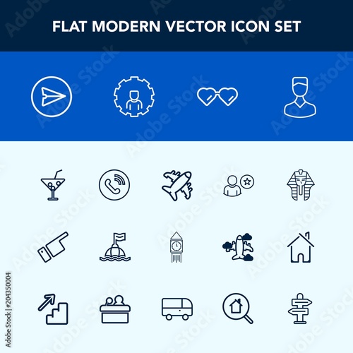 Modern, simple vector icon set with call, water, london, plane, drink, summer, human, buoy, cocktail, ring, business, communication, direction, avatar, egyptian, online, sun, fashion, aircraft icons