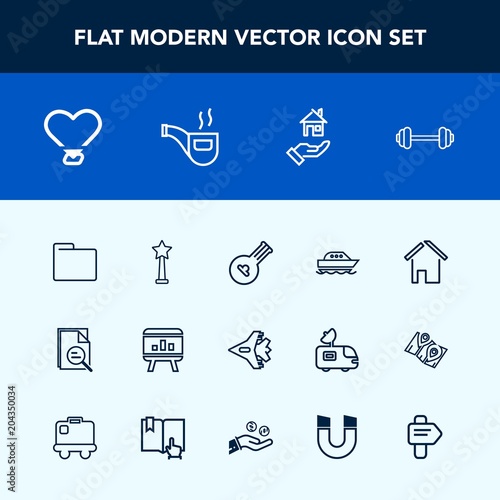 Modern, simple vector icon set with water, instrument, retro, plane, string, rent, yacht, estate, gym, house, infographic, sport, folk, fitness, jet, success, aircraft, musical, exercise, chart icons