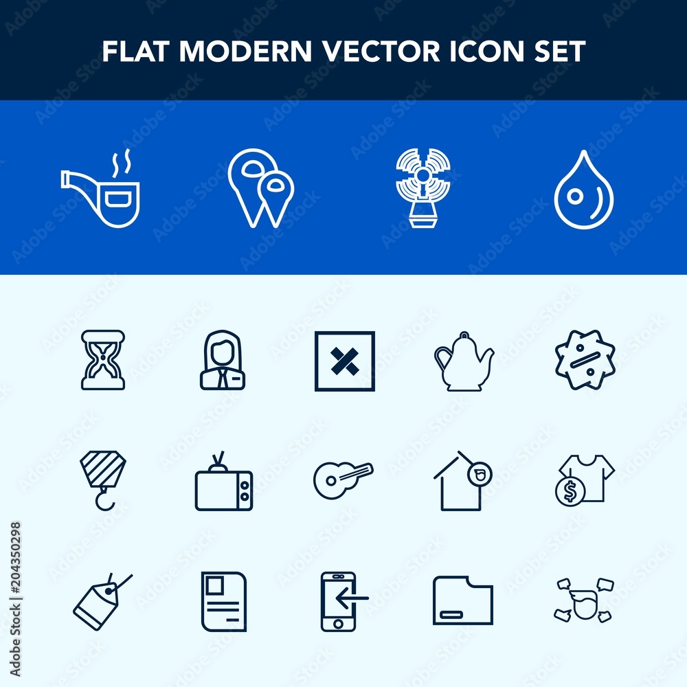 Fototapeta premium Modern, simple vector icon set with building, abstract, drop, closed, sign, people, job, vintage, timer, retro, kitchen, hot, tea, travel, musical, screen, television, discount, hour, kettle, tv icons