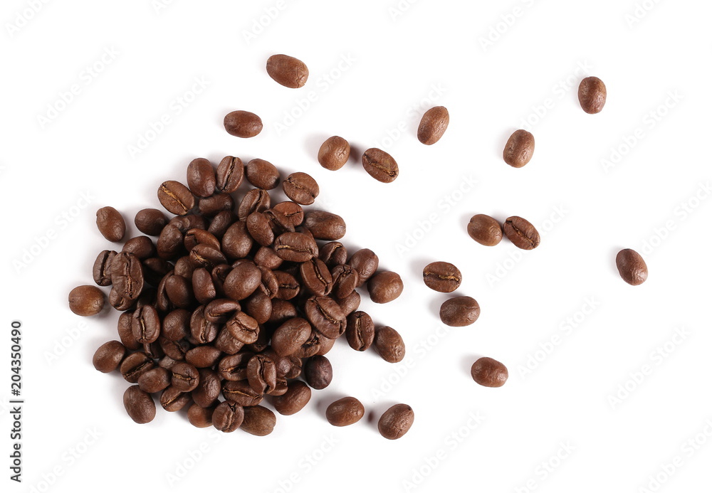 Coffee beans pile isolated on white background and texture, top view Coffee beans pile isolated on white background and texture, top view
