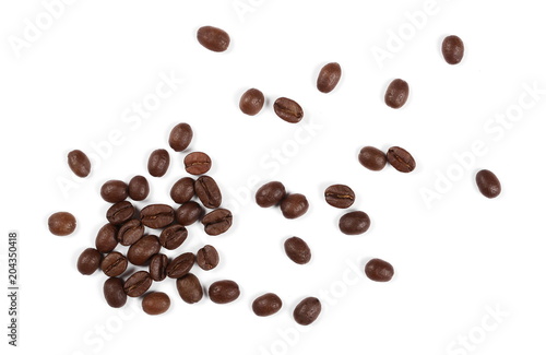 Coffee beans pile isolated on white background and texture, top view