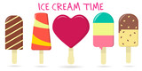 A set of five different sweet ice cream on a background with text. Flat style, vector illustration.